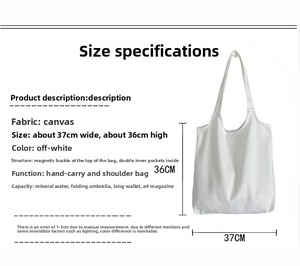 Detailed view of cream canvas tote bag showing 37cm x 36cm dimensions and internal pockets