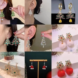 Sparkling Christmas tree and snowflake earrings set with diamonds for women
