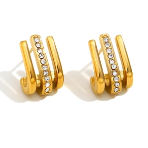 Three-row J-shaped 18K gold plated stainless steel earrings with sparkling rhinestones