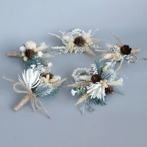 5-piece forest theme wedding corsage and wristlet set with pinecones and dried flowers