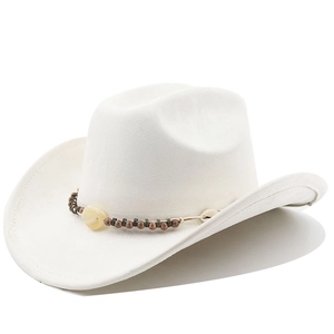 Close-up of a cream faux suede cowboy hat with an ethnic beaded band and yellow center stone
