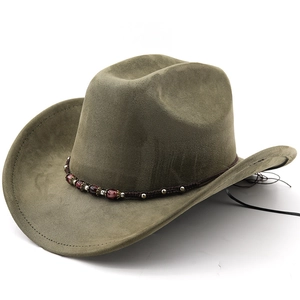 Olive green faux suede wide brim fedora hat with ethnic beaded band and wind rope