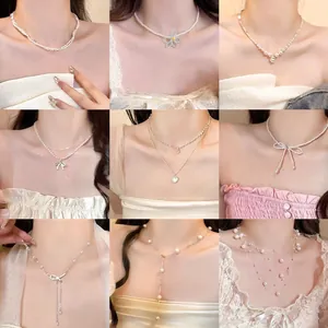 Elegant Artificial Pearl Necklace With Flower Butterfly Heart Pendant Zinc Alloy Choker For Women Fashion Jewelry Accessories