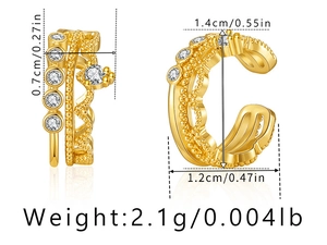 Detailed dimensions of gold multi-layer ear cuff with zircons and 18K gold plating