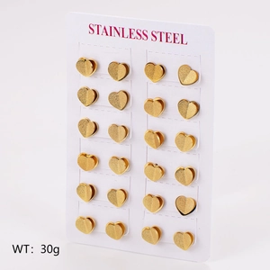 Set of 12 pairs of matte gold heart stud earrings on a card, made of stainless steel