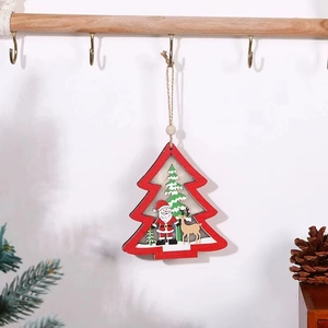 LED lighted wooden Christmas tree hanger with Santa and reindeer on wooden hooks