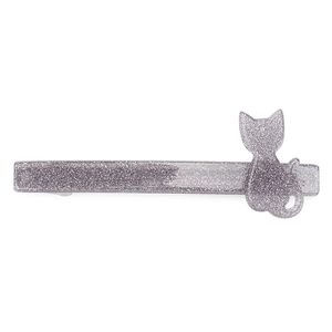 Close-up of a silver glittery acrylic spring hair clip featuring a cute cat silhouette
