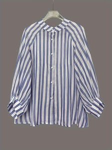 Classic blue and white vertical striped long sleeve shirt with mandarin collar and button front