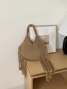 Borsa shopper con frange tessuta a mano boema, borsa a spalla casual per vacanze al mare.