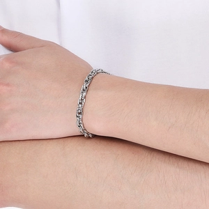 Detailed view of silver titanium steel rope chain bracelet worn on a person's wrist