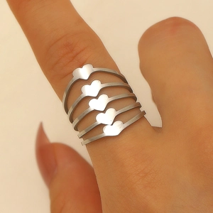 Minimalist stainless steel open ring with layered heart pattern in polished silver