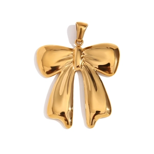 Polished 18K gold-plated stainless steel bow pendant with wave detail on white background