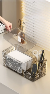 Detail of grey water ripple acrylic tissue box with multi-grid compartments for remotes
