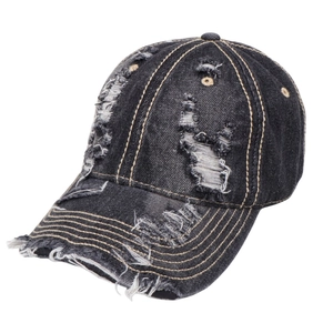 Distressed charcoal gray denim baseball cap with frayed holes and vintage street style finish