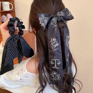 Vintage Bow Scrunchie Long Streamer Hair Tie Cloth Polka Dot Floral Print Elegant Ponytail Holder Fashion Headwear For Women