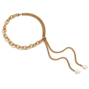 Asymmetric 18K gold plated stainless steel Cuban chain necklace with freshwater pearls