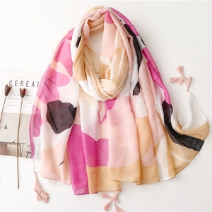 Floral Print Scarf Shawl Lightweight Polyester Voile Sun Protection Retro Geometric Tassel Wrap Women