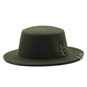 Punk style dark green wool felt flat top fedora hat with metal rings and pins decoration