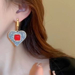 Vintage heart drop earrings with red square crystal and blue frosted texture details