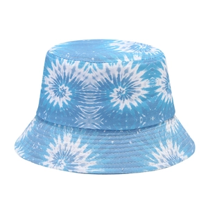 Blue and white rainbow tie-dye cotton bucket hat for women with flat top and stitched brim