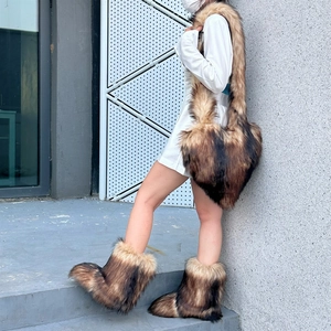 Faux fur set with gradient heart shaped shoulder bag and matching fluffy plush boots