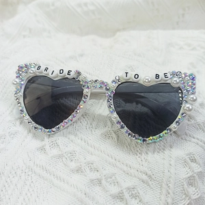 White heart sunglasses for bride with iridescent rhinestones, pearls and BRIDE TO BE text