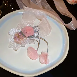 Pink chiffon floral ribbon choker necklace with lace and beads for women's elegant styling