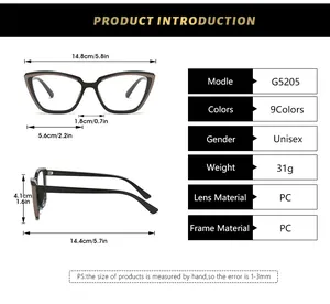 Detailed technical specifications and dimensions for square cat-eye blue light glasses