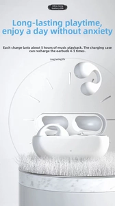 Detail view of T7500 open-ear wireless earbuds with charging case on marble base