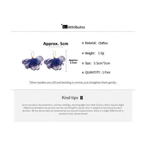 Detail view of navy blue chiffon flower earrings with dimensions 5.5cm by 5.0cm