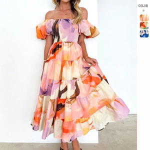 Damen Schulterfreies Maxi Kleid Mit Abstraktem Blumendruck Puffärmeln Und Stufenrock Für Den Sommerurlaub Boho Stil