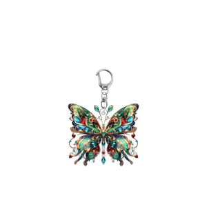 Detailed view of colorful acrylic butterfly keychain with silver metal clasp closure