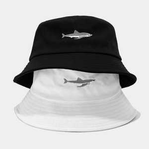 Black and white embroidered shark bucket hats for men and women outdoor sun protection