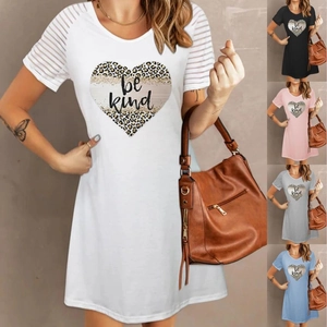 Damen Casual Polyester Elasthan Rundhals Kleid Leopardenherz Bedruckt Mesh Spleißen Kurzarm T-Shirt Mini Kleid Sommer