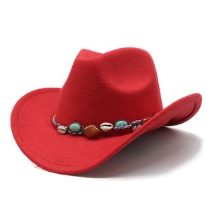 Red wool fedora hat with bohemian seashell and gemstone woven band decoration