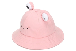 Detail of pink cotton baby bucket hat with cute 3D frog eyes and embroidered smile