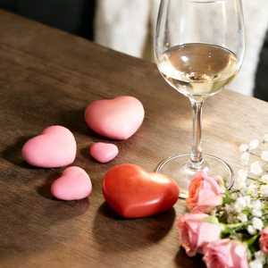 Macro shot of assorted red and pink matte resin heart ornaments on a rustic wooden table