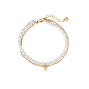 Detail of double-layer gold chain bracelet with white pearls and small ball pendant