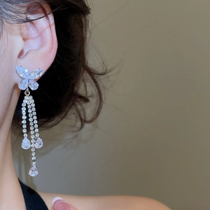Detailed macro view of butterfly tassel earrings with sparkling rhinestones and silver finish