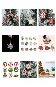 Variety of wooden Christmas tree ornaments with festive patterns and red glitter letter designs.