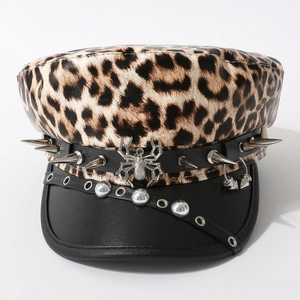 Punk leopard print military hat with silver metallic studs and spider metal accessory
