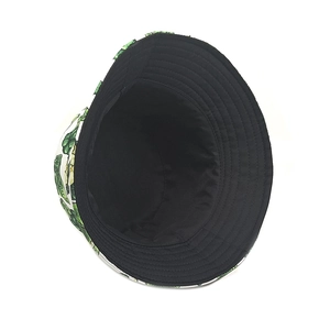 Detail shot of black lining with circular stitching on floral print bucket hat