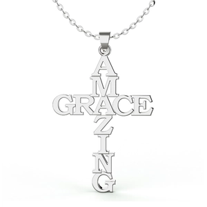 Polished silver Amazing Grace cross pendant necklace on a clean white background