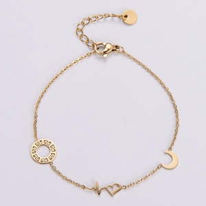 Women Stainless Steel Bracelet 18K Gold Plated Minimalist Chain With Hollow Heart Moon And Meander Pattern Round Disc