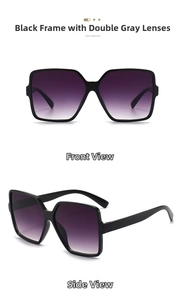 Detailansicht der übergroßen quadratischen Sonnenbrille mit grauen Gläsern.