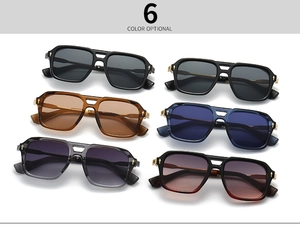 Detail view of six color options for square aviator sunglasses with metal cross rivets