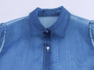 Detail of blue sheer organza shirt featuring classic collar and white buttons