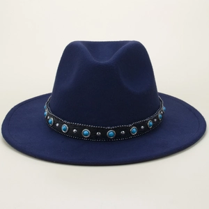 Dark blue felt fedora hat with ethnic turquoise beads and silver stud leather band