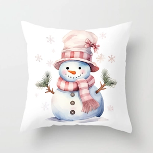 Macro detail of Christmas snowman pillowcase with pink watercolor printing and soft texture