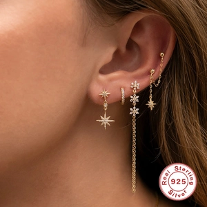 S925 sterling silver gold ear cuff set featuring star charms and snowflake chains